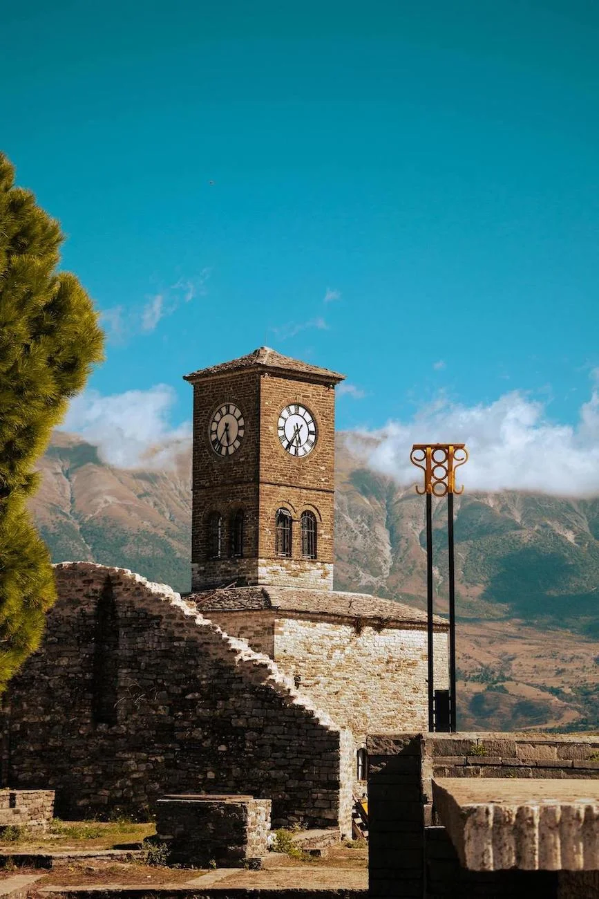 Castle of Gjirokastër with a beautiful sunset view over the mountains